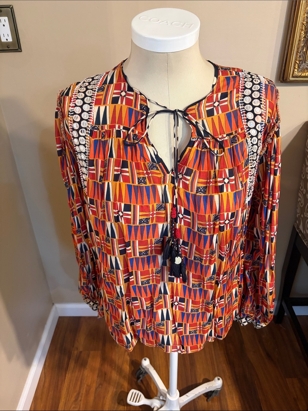 Anthropologie Boho Geometric Tie-Neck Blouse - Orange Multi